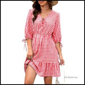 Tie Front V Neck Mini Dress Flowy A-Line Tiered Ruffle Boho Chic Summer